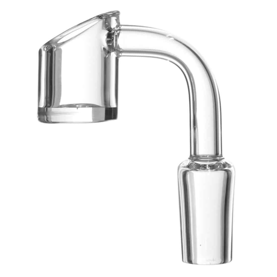 En kvartsbanger med skrå skæring præsenterer et klart, gennemsigtigt materiale med en let lysegrå nuance. Den har en cylindrisk form og en bred åbning, der gradvist smalner mod bunden. Kanten er poleret, hvilket giver en glat overflade. Tilslutningsdelen har en standard SG 14 størrelse, og der er ingen synlige mærker eller indgraveringer.