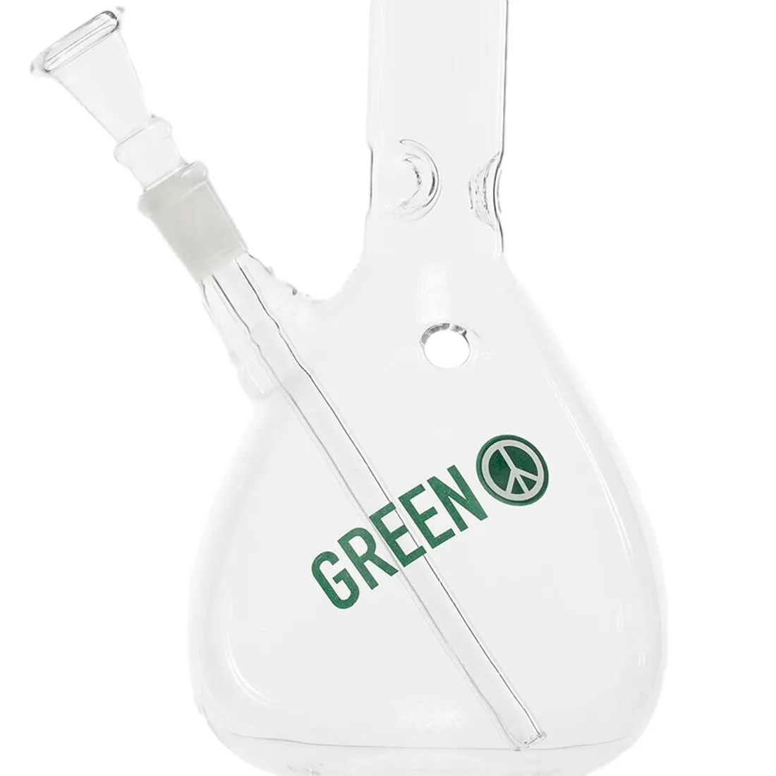 En klar, transparent bong med en krum form, fremstillet af glas. Den har en bred, stabil bund og en slank hals, der afsluttes med en skarp kant. På det nederste segment findes en indsat skål til stoffer, mens der er et væskefyldt kammer, der giver en glat røgoplevelse. Mønsteret er enkelt, uden yderligere dekorationer.