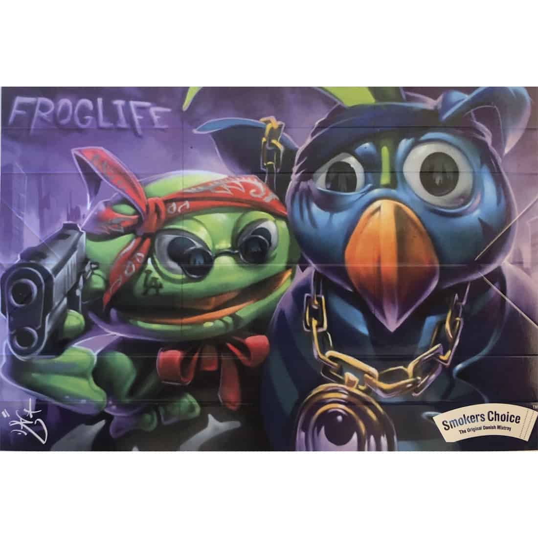 Mixerbakken præsenterer et farverigt design med en illustreret frø, der dominerer overfladen. Baggrunden er en lys grøn nuance, der komplementerer frøens detaljerede mønstre i mørkere grønne og gule toner. Bakken har afrundede kanter, hvilket skaber en blødere form. Materialet fremstår glat, med en mat finish, der giver et moderne udtryk.