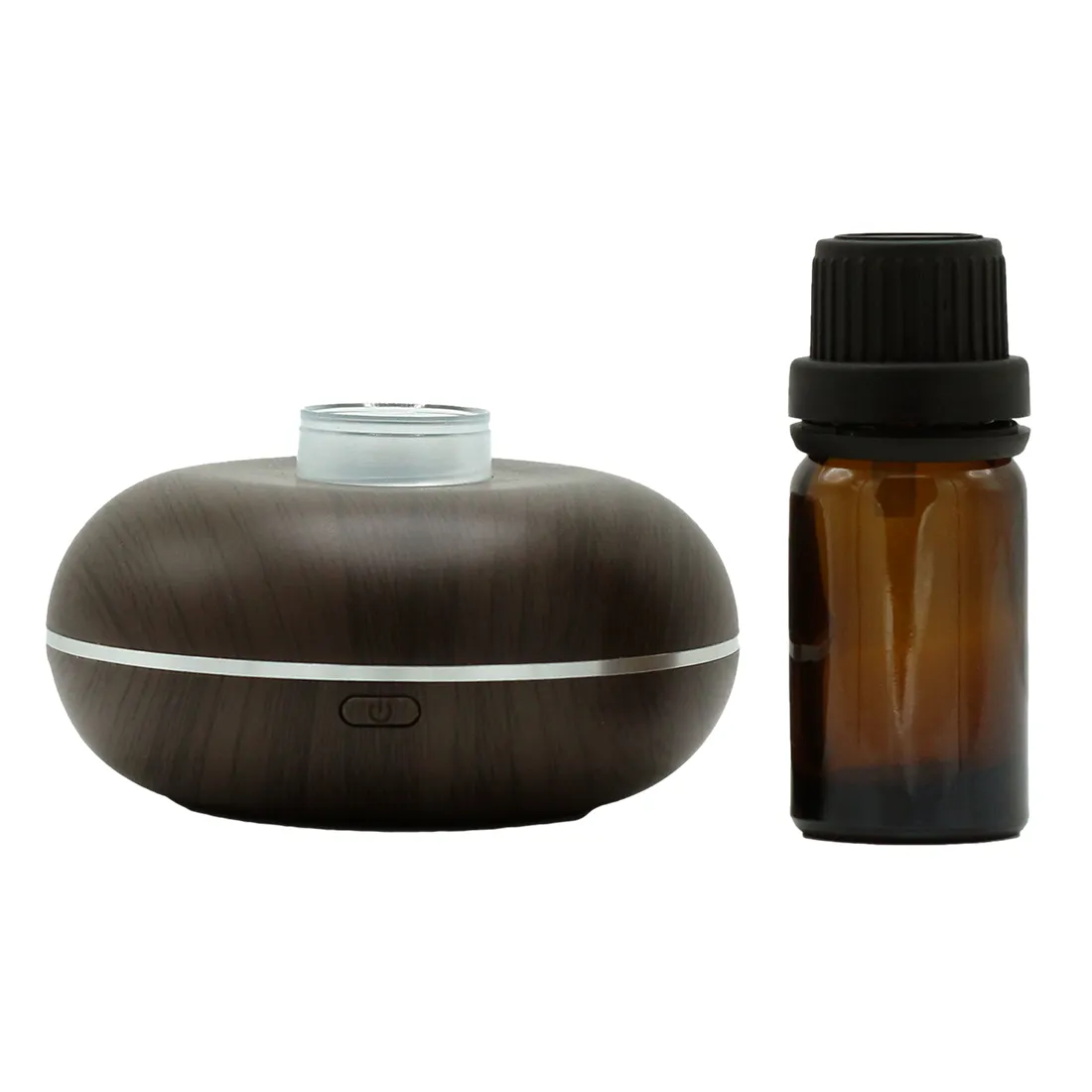 En slank, cylindrisk enhed i mat sort plast, der fungerer som en luftfugter. Den har en rund base, der glider let over flader. Øverste del har en let buet form med et diskret kontrolpanel, der indeholder små, runde knapper. En gennemsigtig beholder ses i toppen, muligvis til vand eller olie, med en fin, minimalistisk stil.