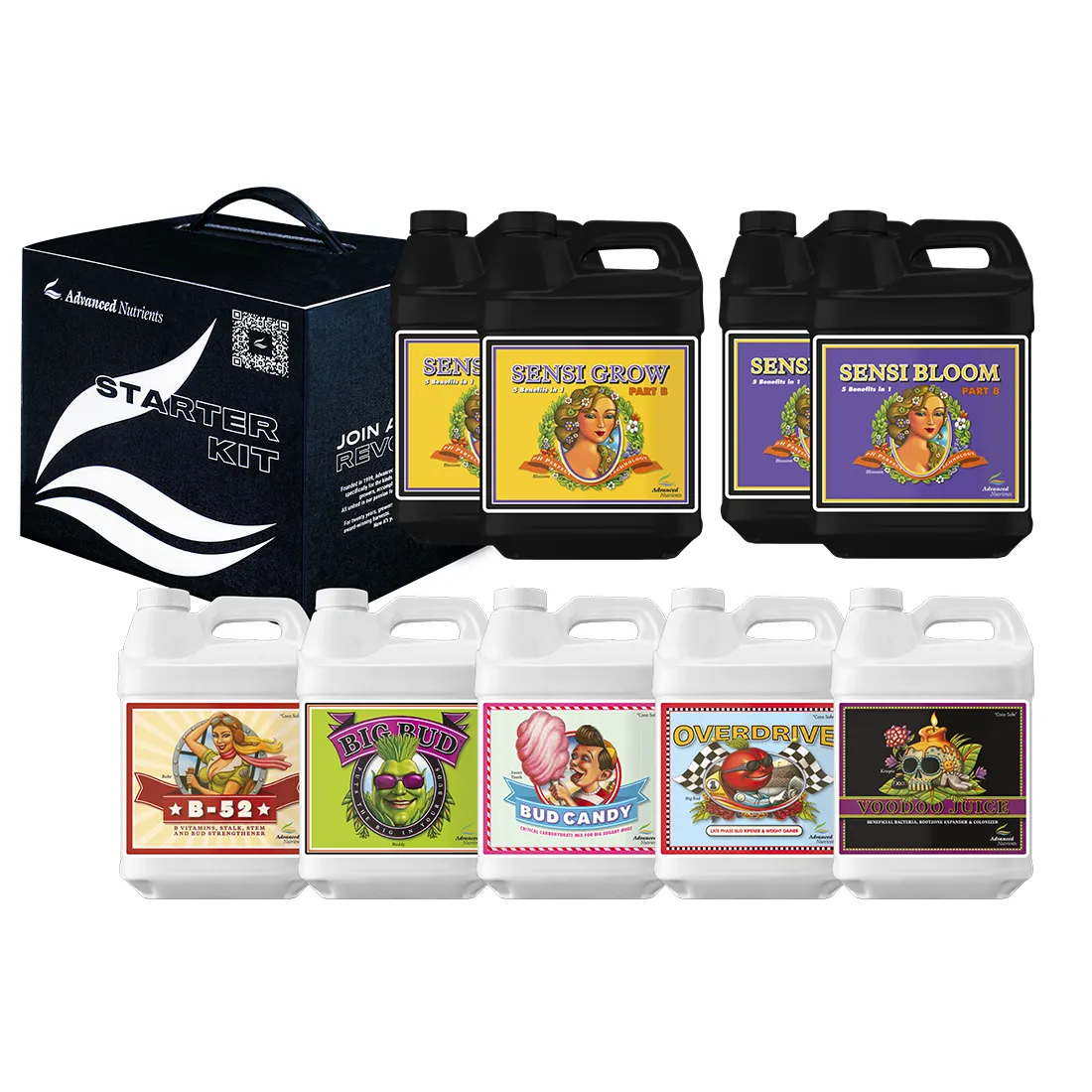 Et sæt af planterelaterede produkter i en sort kasse. Inkluderer tre gennemsigtige flasker med farvet væske, hvor etiketfarverne spænder fra grøn til orange og lilla. Flaskerne har skruepropper og tydelige etiketter med tekst og symboler. Kassen er lukket med en sort top og viser en detaljeret grafik med oplysninger om indholdet.