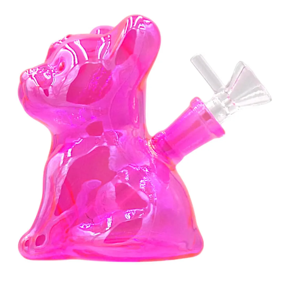 En lille bong i klart glas med en pink farvet del, der danner en skarp kontrast. Bongen har en afrundet form med en svagt buet hals og en stabil bund. Den er udstyret med et lille, sort foder og en skål til tørrede urter. Overfladen er glat, og der ses fine detaljer i glasbearbejdningen.
