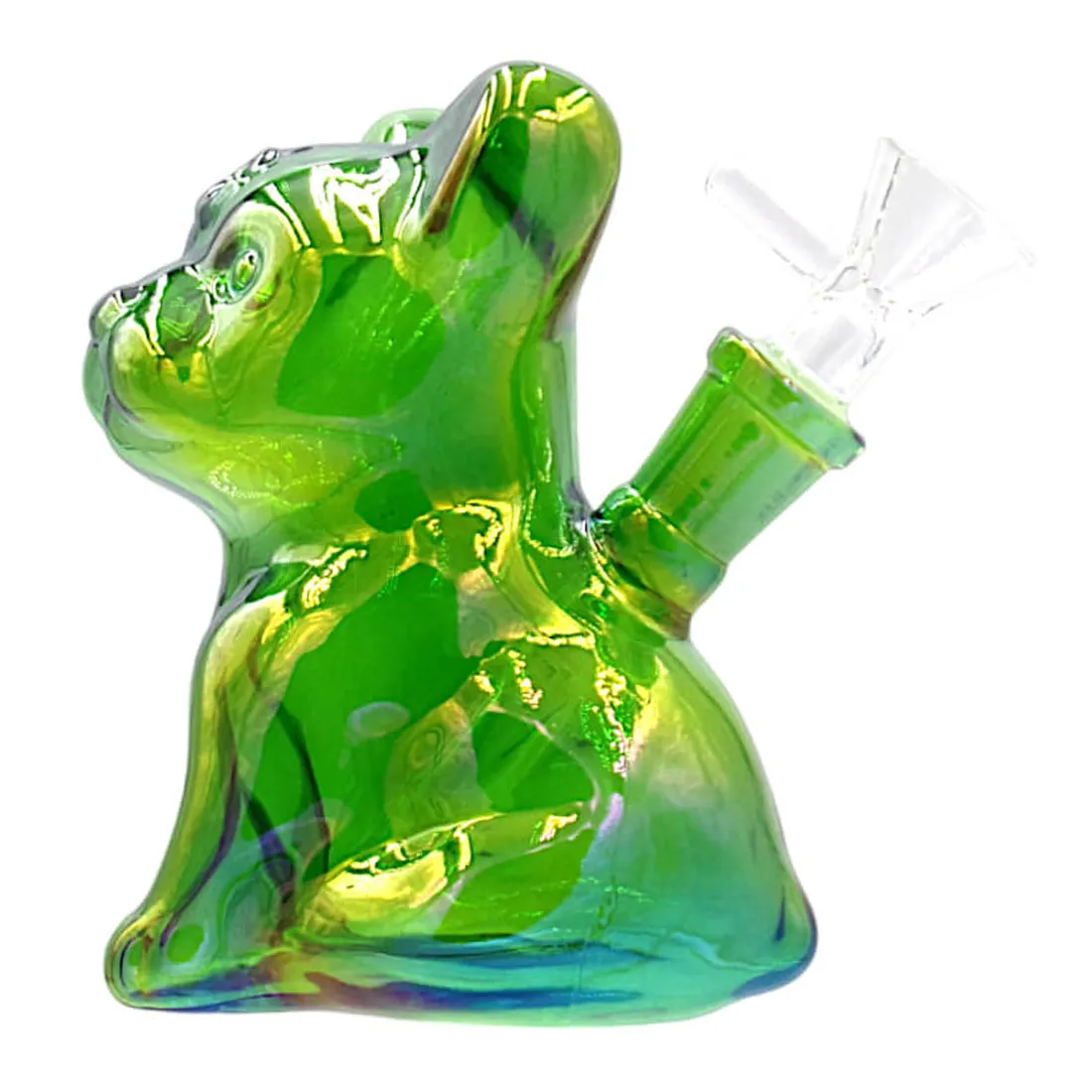 En lille, rund glasfigur i nuancer af grøn og blå pryder overfladen. Figuren har bløde, kurvede former, der skaber en organisk silhuet. Overfladen er glat med en let gennemsigtig effekt, der reflekterer lys. Det indviklede farvespil giver et livligt udtryk, mens den samlede struktur er kompakt og harmonisk.