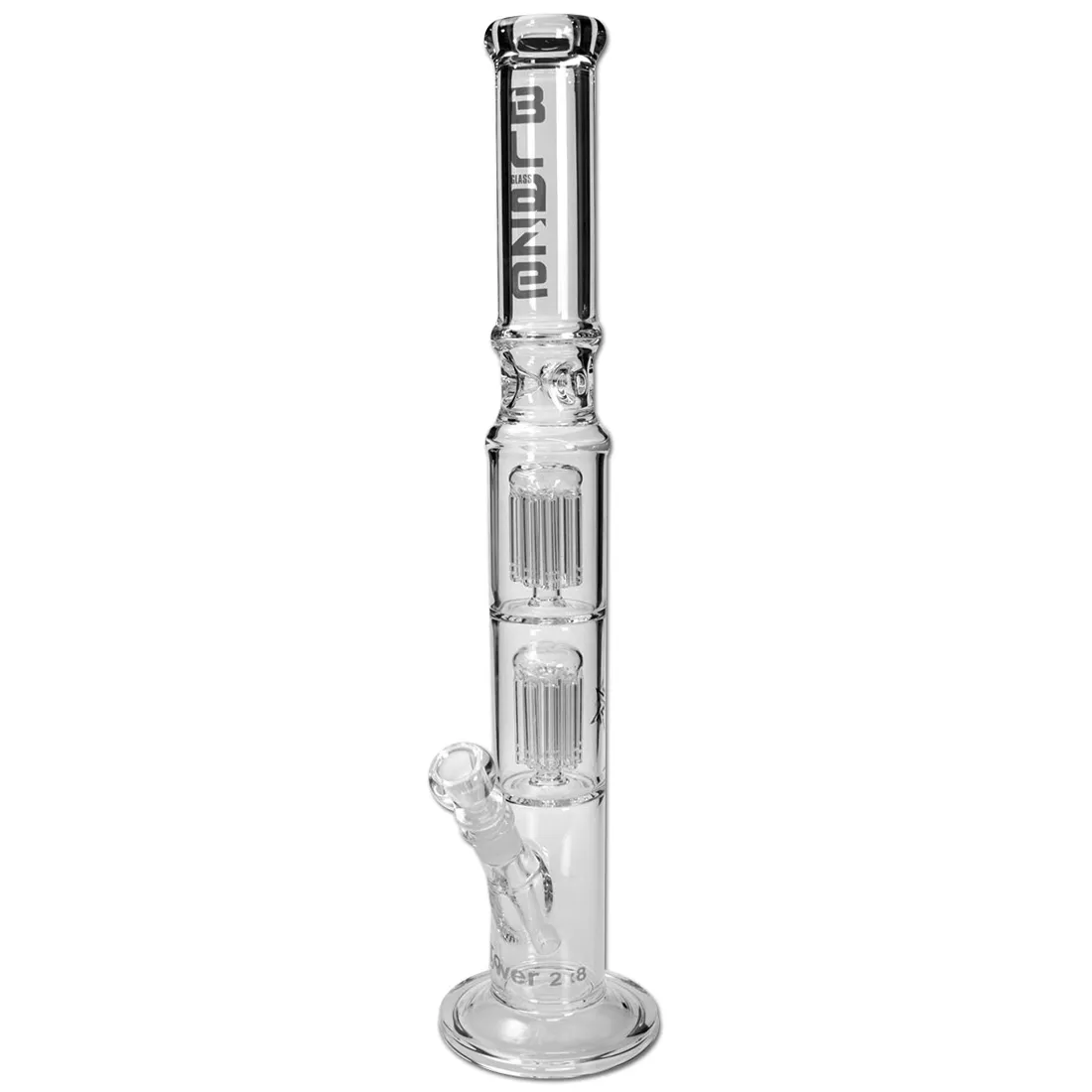 En klar, høj glasbong med en elegant cylindrisk form. Den måler 56 cm og har en dobbelt 8-armet percolator, der sikrer en jævn luftstrøm. Overfladen har en glat tekstur, mens bunden er bred og stabil. Indvendigt kan der ses bobler fra væsken, der reflekterer lys. Kanten er forsynet med en rund åbning til røg.