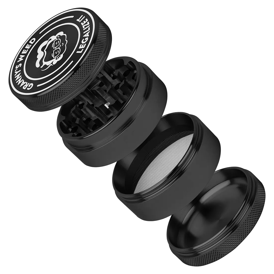 Grinderen har en sort, mat overflade fremstillet af metal med en diameter på 55 mm. Den er opdelt i to sektioner, der lukkes med en skruefunktion. Indersiden har skarpe tænder, der er arrangeret i et diamantmønster, hvilket sikrer effektiv kværning. Derudover er der små huller i bunden, der muliggør passage af det kværnede materiale.