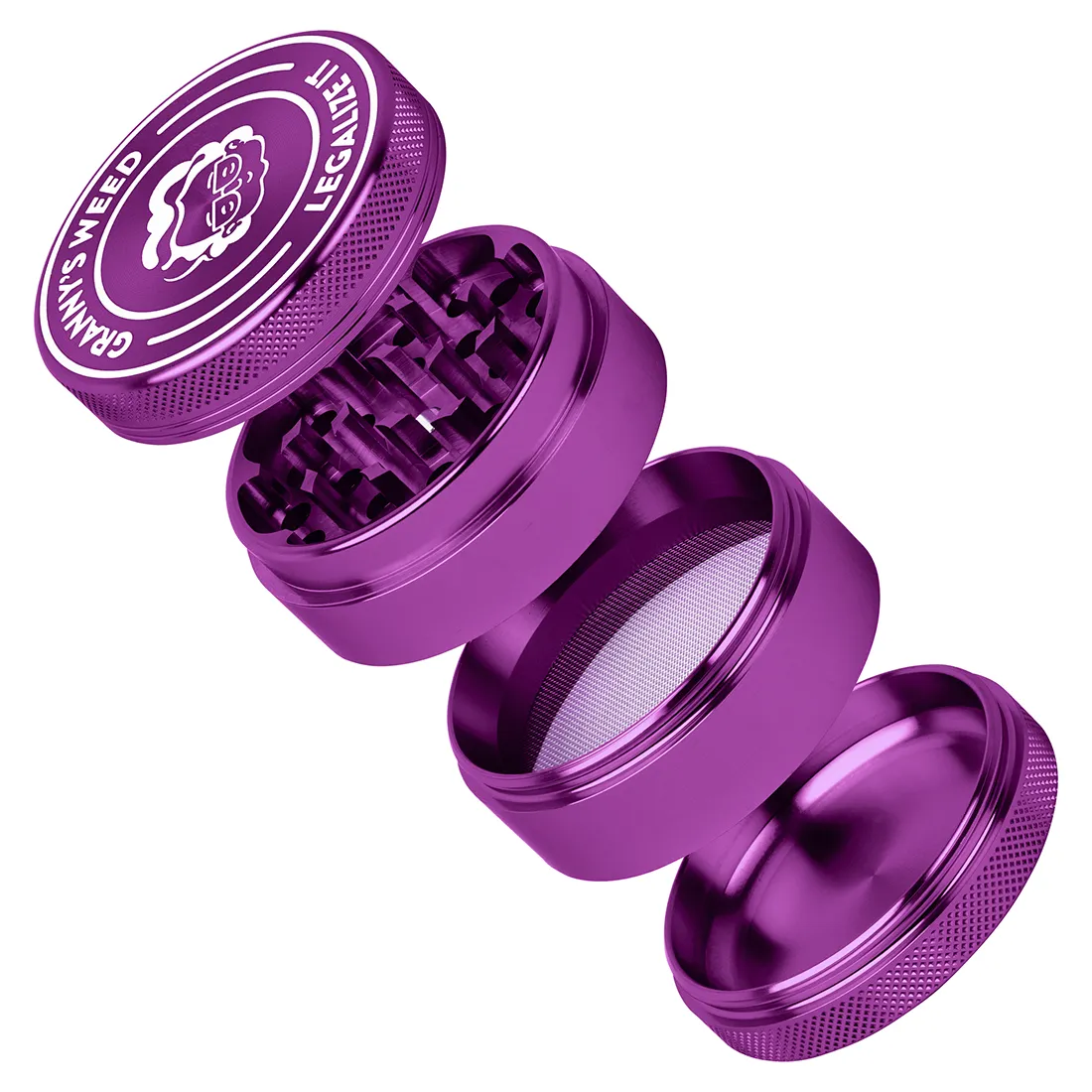 En lilla grinder med en diameter på 55 mm præsenterer sig med en glat overflade og en mat finish. Den har et cylindrisk design og en letbuet top. På toppen er der indgraveret teksten "legalize it" i en klar, hvid skrifttype. Grinderen har flere kamre og små, skarpe tænder indeni, der er synlige gennem en gennemsigtig bund.