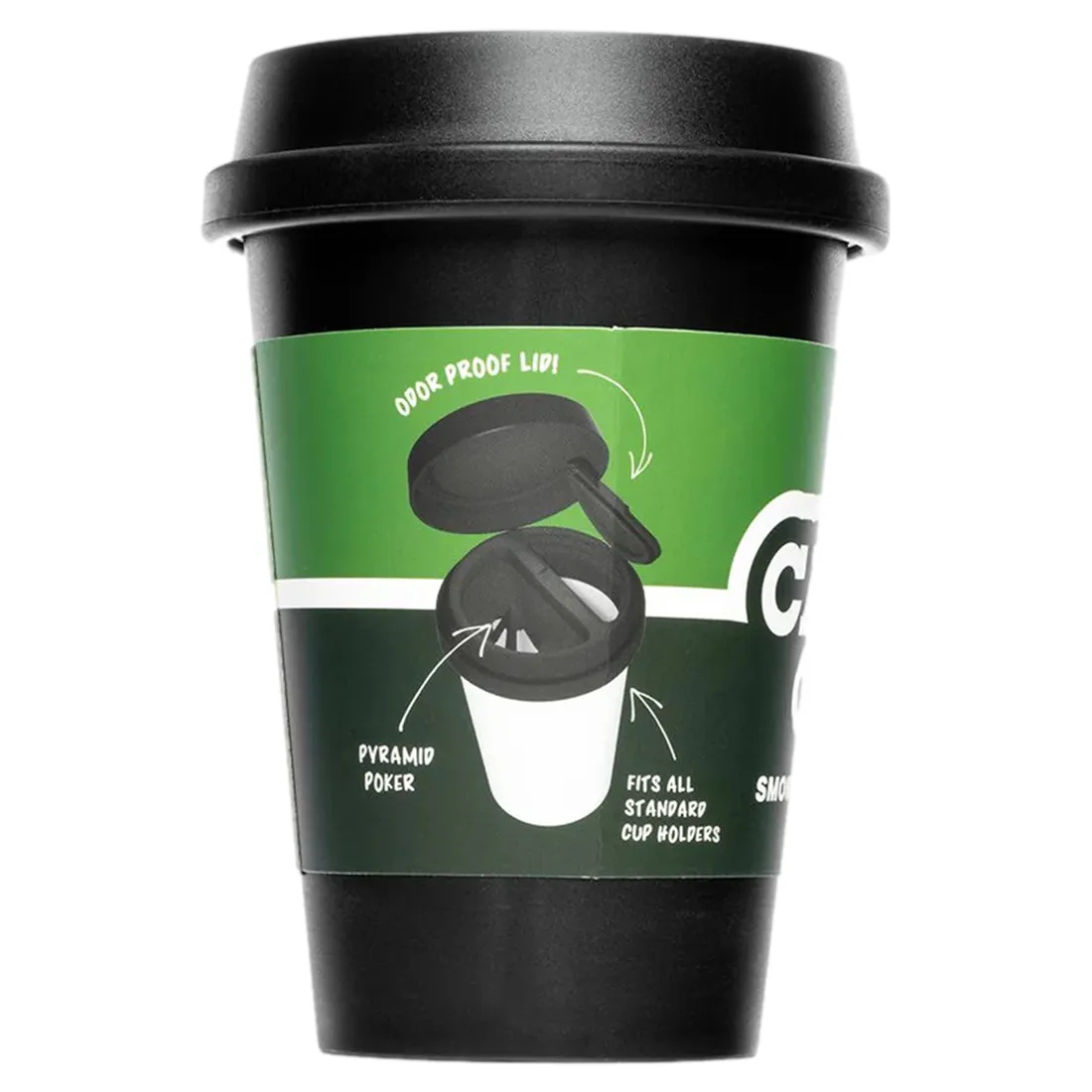 Det røgfrie askebæger har en cylindrisk form med en glat, sort overflade. Den øverste kant er let bølget og har en integreret, diskret skål til cigaretnoter. Materialet ser ud til at være holdbart og let at rengøre. Bunden er flad, hvilket giver stabilitet, mens det minimalistiske design fremhæver funktionaliteten.