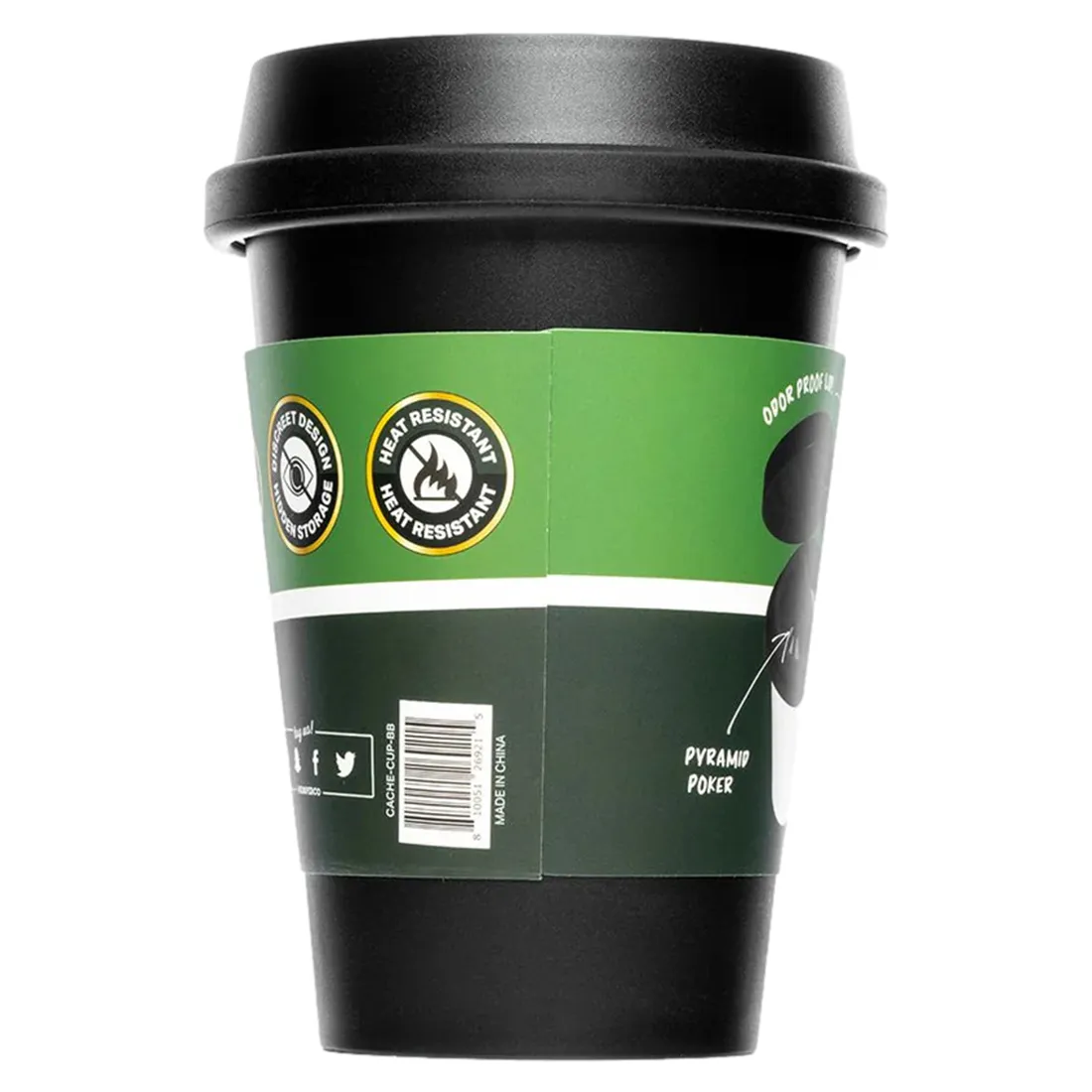 Hemper Tech Cache Cup præsenterer sig i en sort farve med en glat overflade og en minimalistisk, cylindrisk form. Askeholderen har en integreret låg, der passer tæt, hvilket forhindrer lugtgener. Overfladen er mat, og der ses små detaljer som en diskret logo-embossing. Materialet fremstår holdbart og let, ideelt til transport.