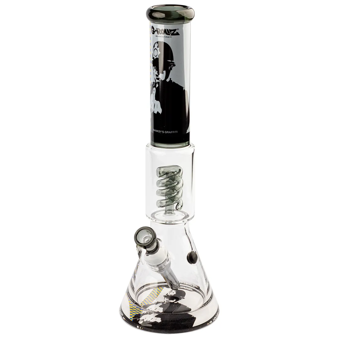 En beaker-vandpibe i glas med en spiralsystem perkolator i kobberfarvet finish. Beholderen har en bred, stabil bund og en slank hals. Overfladen er glat, mens perkolatoren har en kompleks spiralform, der skaber en visuel dybde. Der er en indbygget skål til tobaksprodukter, og elementerne er placeret harmonisk, hvilket giver et elegant udtryk.