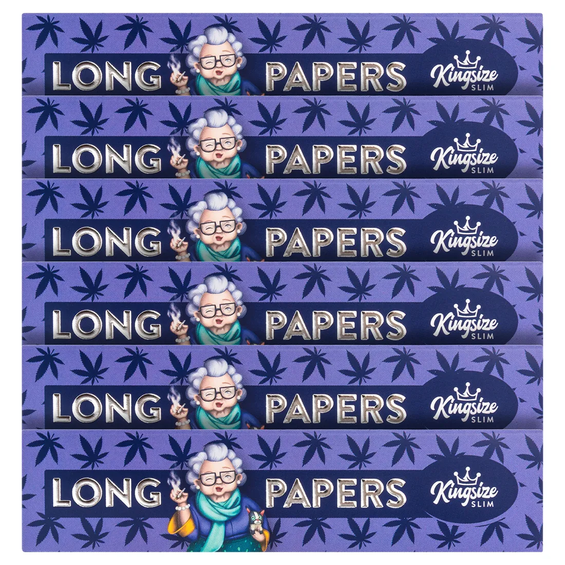 King size slim papir i en dyb lilla nuance pryder overfladen, dekoreret med et finurligt mønster af små, hvide blomster og blade. Papiret har en glat, mat tekstur og er præsenteret i en praktisk pakke med tydelig tekst, der angiver produktets navn. Hjørnerne er afrundede, hvilket giver et blødt udtryk.