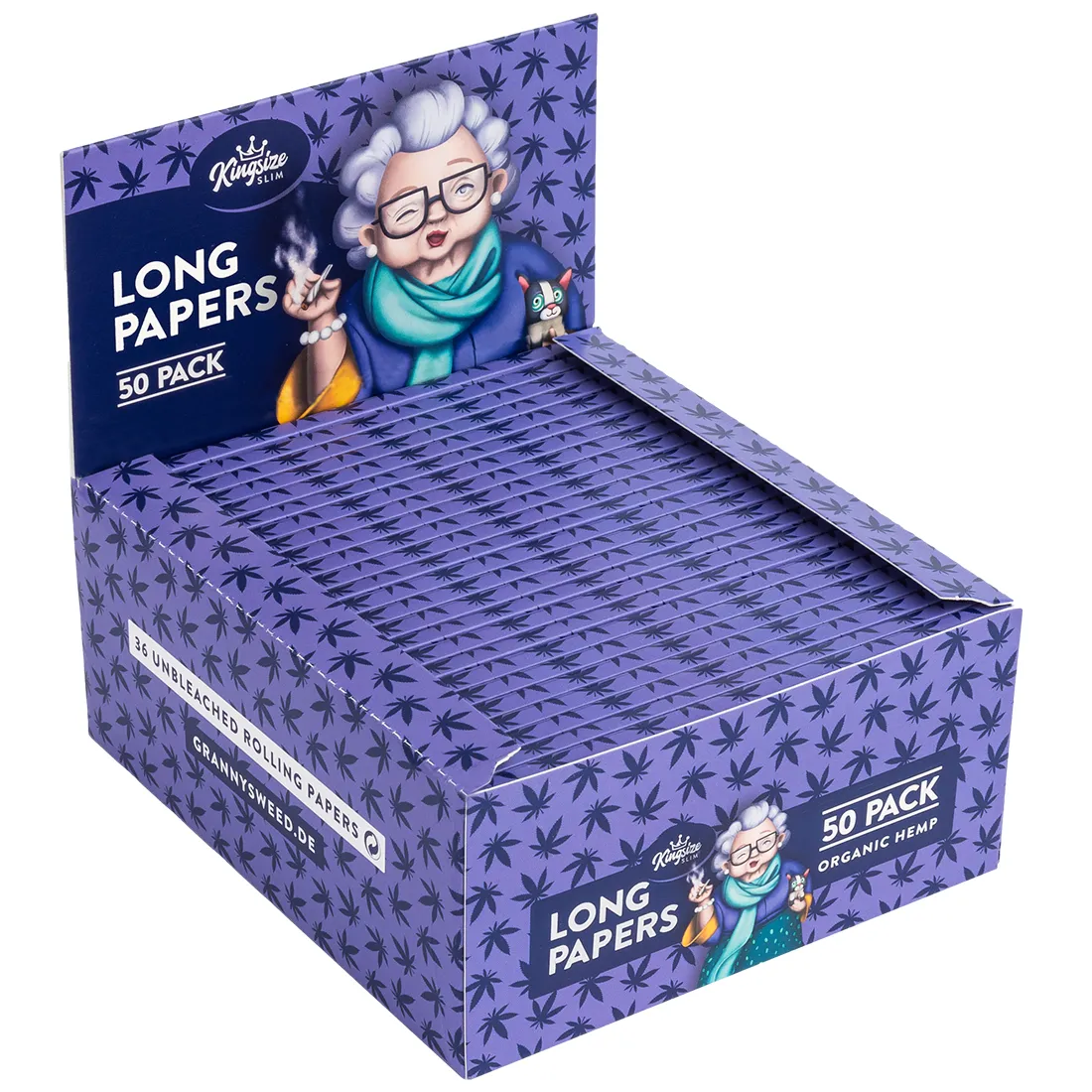 Lilla papir med en glat overflade pryder denne produktpakke, der indeholder slim king size rullepapir. Papirets farve varierer i nuancer fra dyb lilla til lysere toner. Foran er der et mønster af små, stiliserede blade, der tilføjer et dekorativt element. Øverst ses en tydelig åbning, der gør det nemt at tage papiret ud.