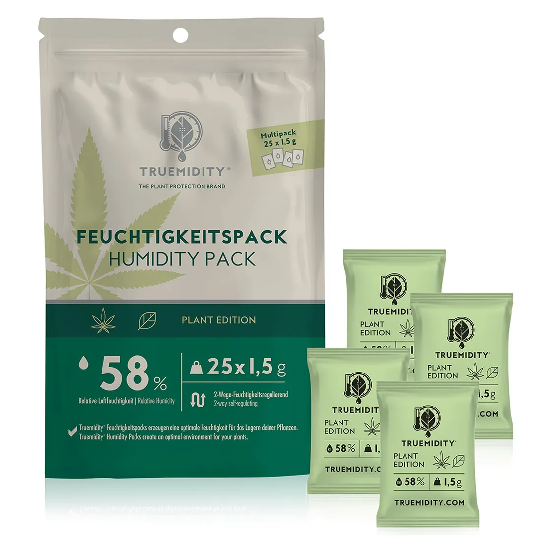 En cylindrisk enhed med en glat, hvid overflade prydet med en tydelig, mørk grå tekst, der angiver procentdelen af fugtighed. En lille, rund knap i samme grå tone sidder på fronten. En gennemsigtig sektion viser indholdet, og en subtil tekstur tilføjer dybde til designet. Den samlede form er strømlinet og moderne.