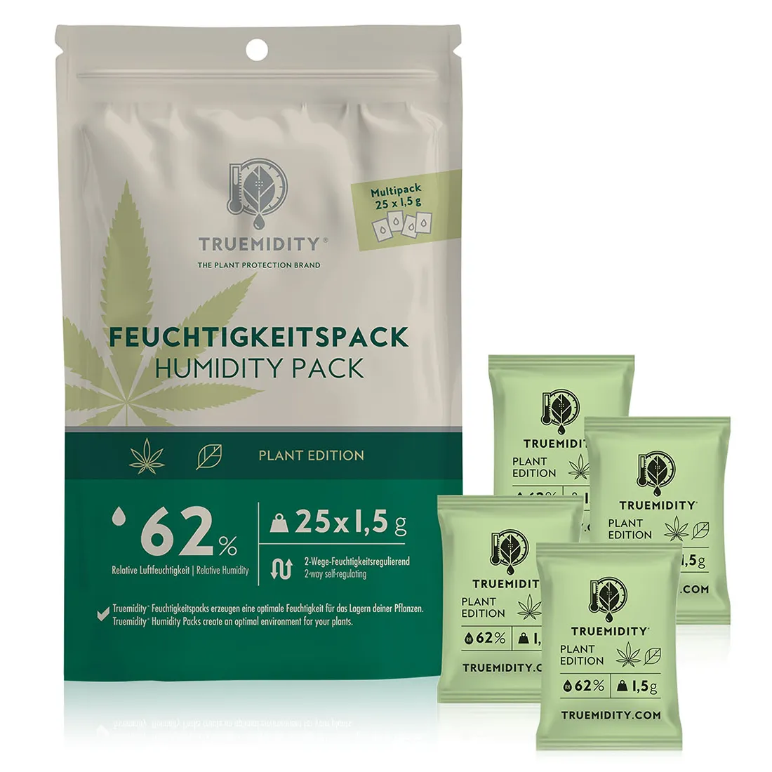 En firkantet enhed med en glat, mat hvid overflade pryder midten af beskrivelsen. På fronten er der en digital skærm med sort tekst, der angiver fugtighedsniveauer, samt flere knapper i grå nuancer. En lys indikatorlinje løber langs toppen, og en lille, rund ventilationsåbning er placeret på siden. Enheden har afrundede hjørner og en kompakt form.