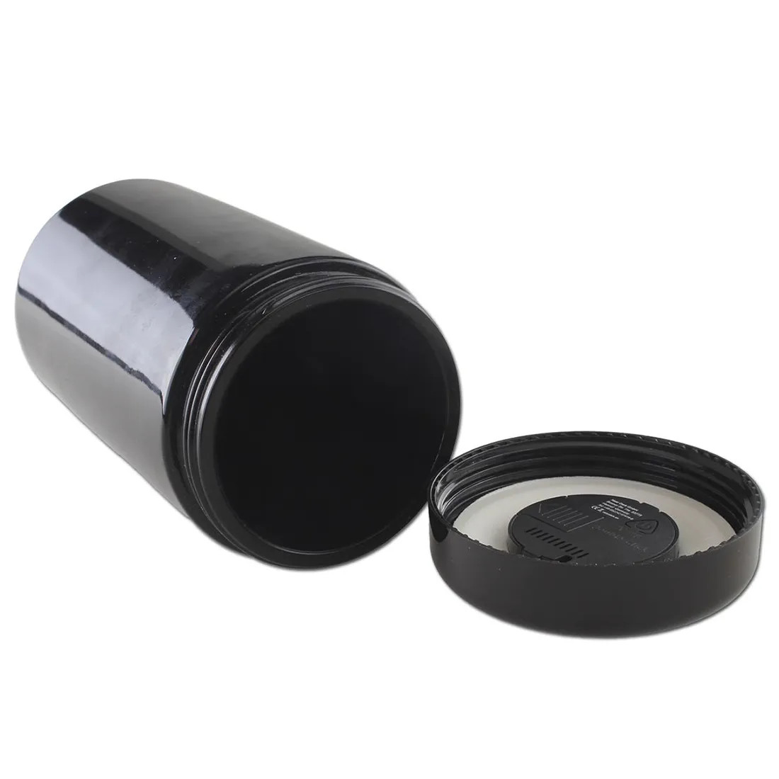 En violet glasbeholder med en bred hals præsenterer sig med en glat, blank overflade. Indeni ses et digitalt hygrometer med klare, sorte tal og en cirkulær skala, der indikerer fugtighedsniveauet. Beholderens bund er flad, hvilket giver stabilitet, og den har en minimalistisk design med en elegant, moderne æstetik.