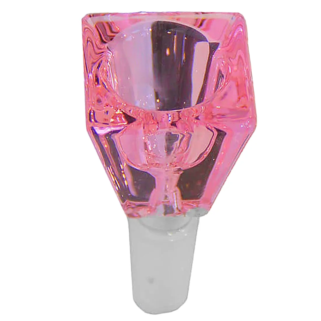 En firkantet skål i transparent glas præsenterer sig med en blød, pink farve. Skålens overflade har en glat, skinnende tekstur, der fanger lyset og skaber subtile reflekser. De afrundede hjørner blødgør det geometriske design, mens skålens bund er flad og stabil. Det enkle, men elegante udtryk tiltrækker opmærksomhed.