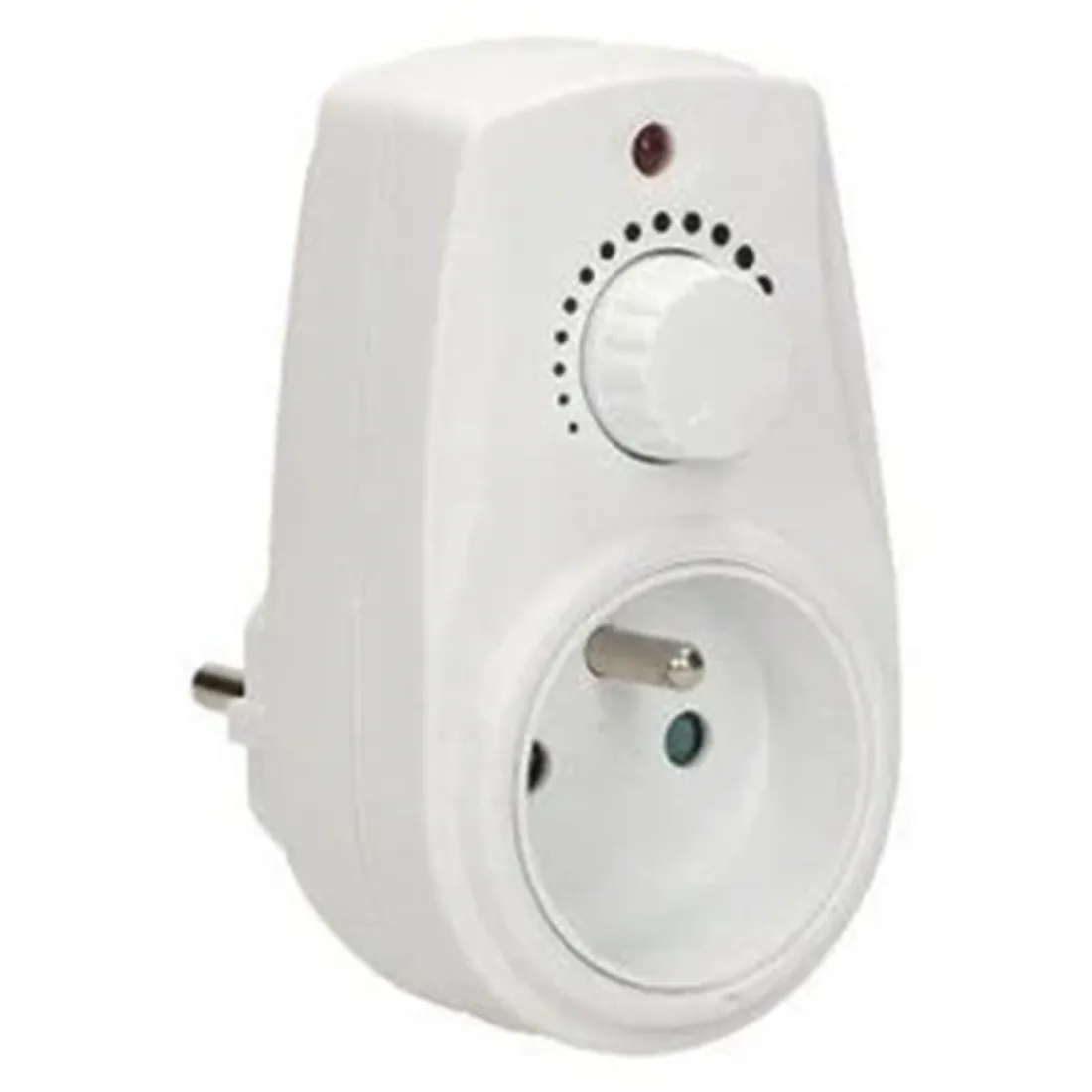 En firkantet enhed med en glat, sort plastikoverflade pryder fronten. Den har en cirkulær drejeknap i midten, der har en sølvfarvet ramme og en tekstur, der sikrer godt greb. Rundt om knappen er der små, hvide symboler, der angiver hastighedsindstillinger. Nederst findes der en række små, sorte knapper med hvide ikoner, der muliggør yderligere funktioner.