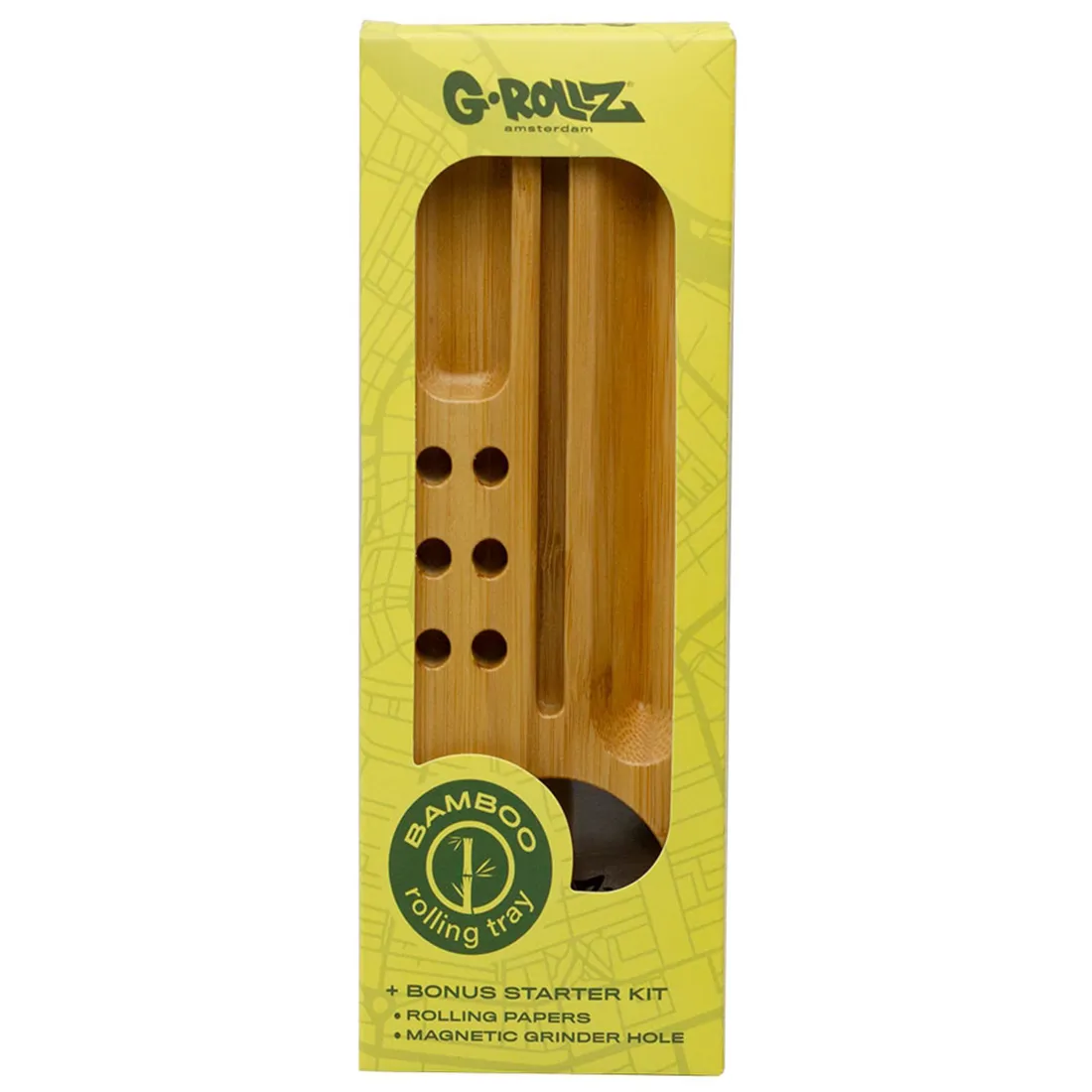 En rektangulær bakke i bambus med afrundede kanter præsenterer en naturlig træfarve, der varierer mellem lyse og mørke nuancer. Overfladen er glat med en let glans, hvilket fremhæver træets åretegninger. Bakken har ingen synlige knapper eller symboler og er udstyret med to håndtag i enderne, der er integreret i designet.