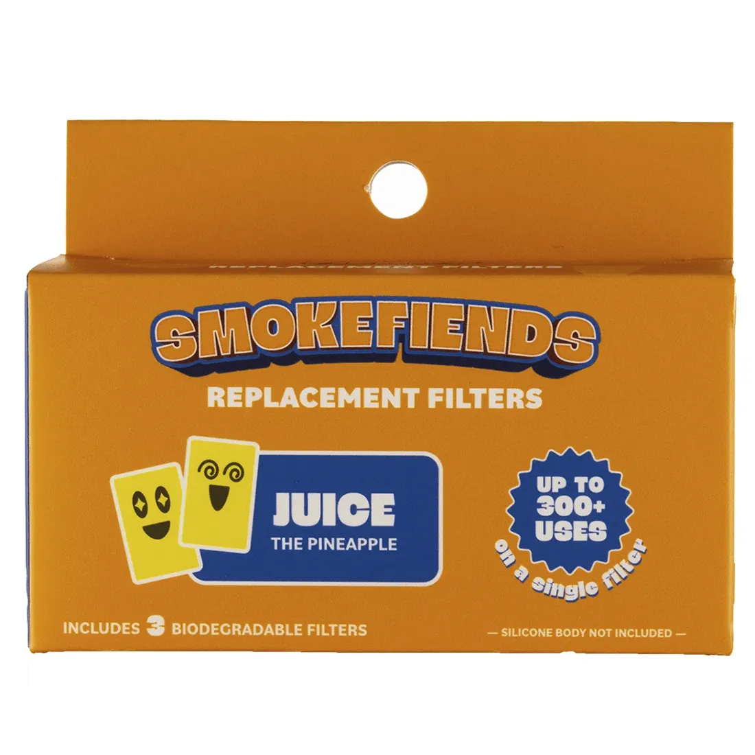 Tre udskiftningsfiltre præsenteres med en lys gul farve og et mønster af ananaser, der dækker overfladen. Filtrene har en glat tekstur og er formet som flade, rektangulære stykker. Hver filterkant er let afrundet, og de er indpakket i en gennemsigtig plastfolie, der fremhæver det farverige design. Mønsteret er detaljeret med grønne blade og brune stænger.