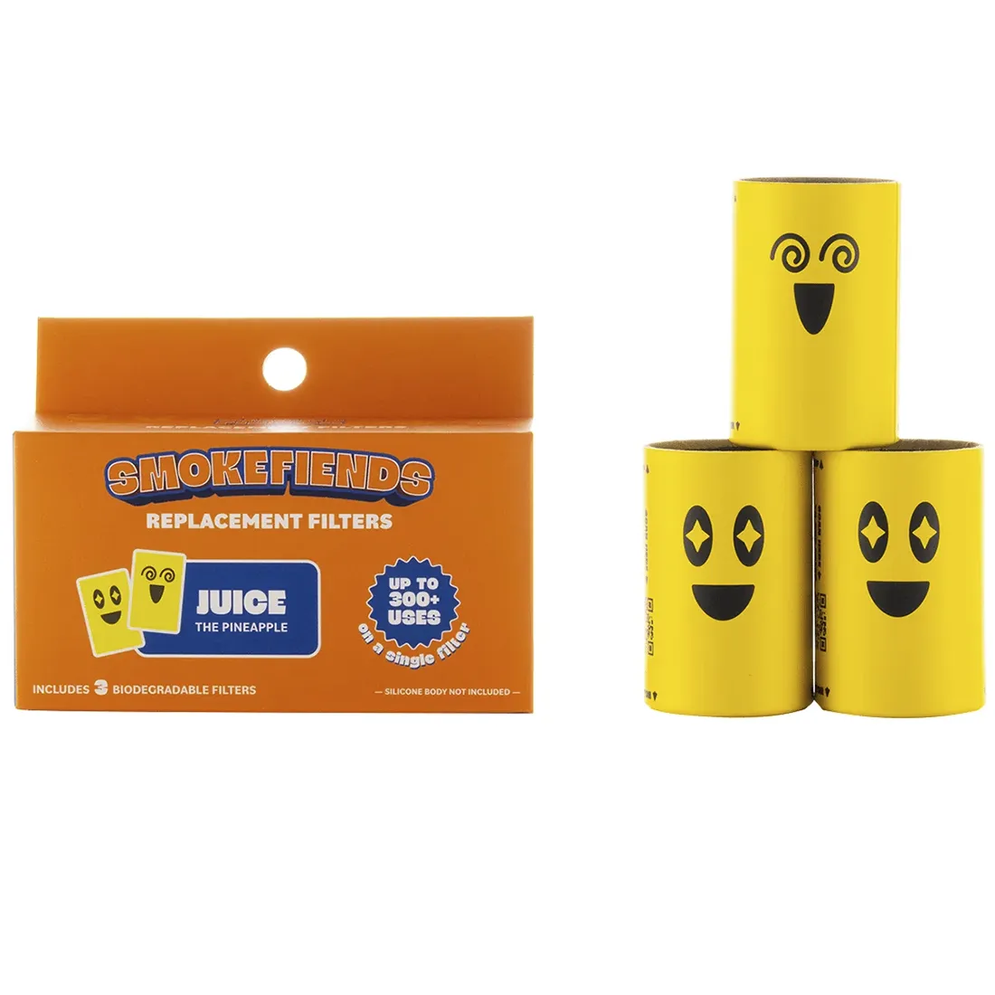 Tre udskiftelige filtre præsenteres i en pakke, hver med en gennemsigtig emballage. Filtrene er i forskellige farver og har et mønster, der minder om ananas, hvilket tilføjer en frugtagtig visuel interesse. Materialet ser glat ud, og kanterne er præcist skåret. Pakken har en simpel, moderne typografi med tydelig tekst, der angiver produktets navn.