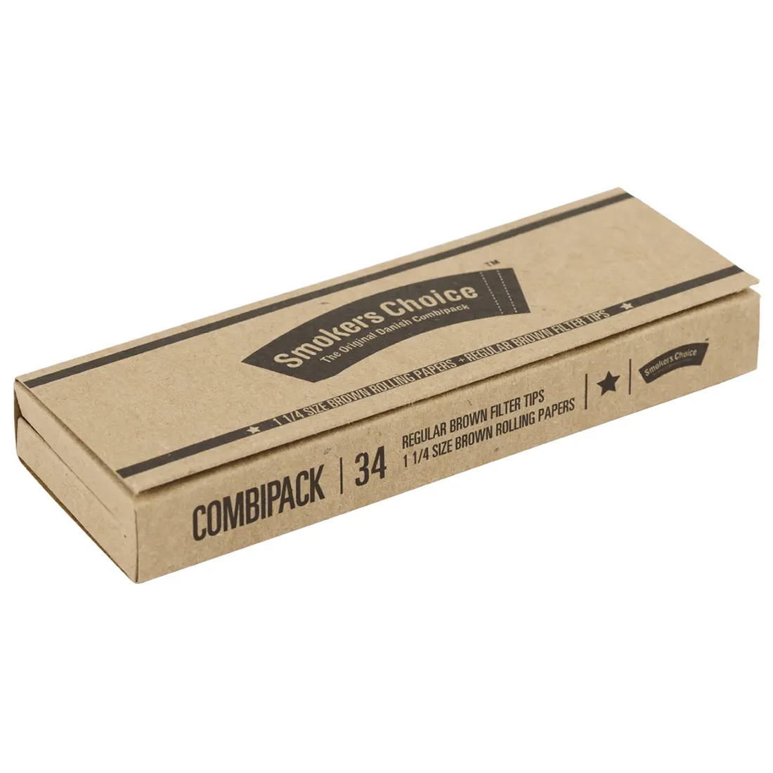 En pakke med tobaksprodukter præsenterer sig i en brun farve med en mat overflade. Forsiden er dekoreret med hvid og gul tekst, der angiver produktnavn og størrelse. Pakken har en rektangulær form og en lukning øverst. Indholdet er synligt gennem en gennemsigtig sektion, som viser papir og filtre. Mønsteret er enkelt og funktionelt.