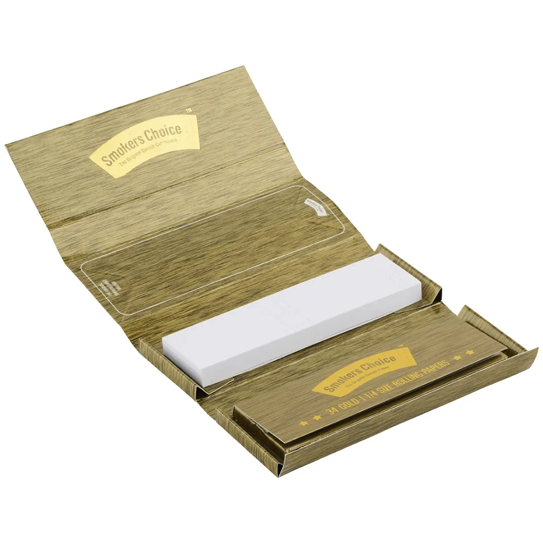 En kombipakke indeholder to pakker med papir og filtre. Papirerne er i en gylden farve med en let glans, mens filtrene er hvide og runde. Forpakningen har et enkelt design med tekst i en kontrastfarve. Mønsteret på pakken er minimalistisk, og der er tydelige angivelser af størrelse og indhold. Materialet fremstår blødt og fleksibelt.