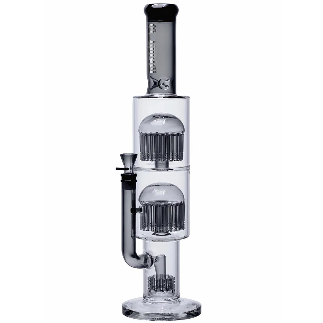 En høj bong i klart glas, 53 cm, prydet med et unikt perkolator-system og to arm-percolatorer. Den har en cylindrisk form med en bred base, der gradvist smalner mod toppen. Overfladen er glat med en let bølget tekstur, og der er farverige detaljer i form af mønstre ved bunden. En stor, rund skål er placeret på siden.