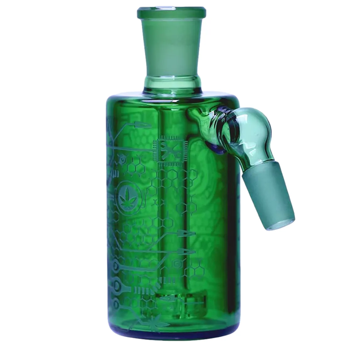 Et klart, glasagtigt objekt med en grøn farve, der strækker sig i en cylindrisk form. Overfladen har en glat, skinnende tekstur. Den øverste del har en tilslutningsdel med et SG 14 gevind, mens den nederste del er bredere og har en præcist skåret åbning. Refleksioner fra lys skaber en glitrende effekt på overfladen.