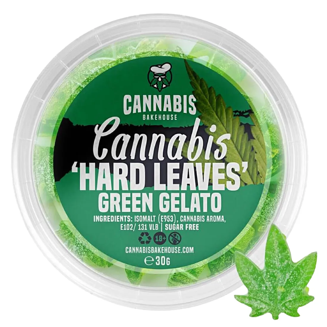 Gummy-leaves i grøn gelato farve præsenterer sig med en blød, glinsende overflade. Hver blads form er detaljeret, med tydelige vener og en let buet struktur. Farven spænder fra lys grøn til dybere nuancer, hvilket giver en livlig kontrast. Teksturen er blød og sej, mens kanterne er let afrundede og skaber et indbydende udtryk.