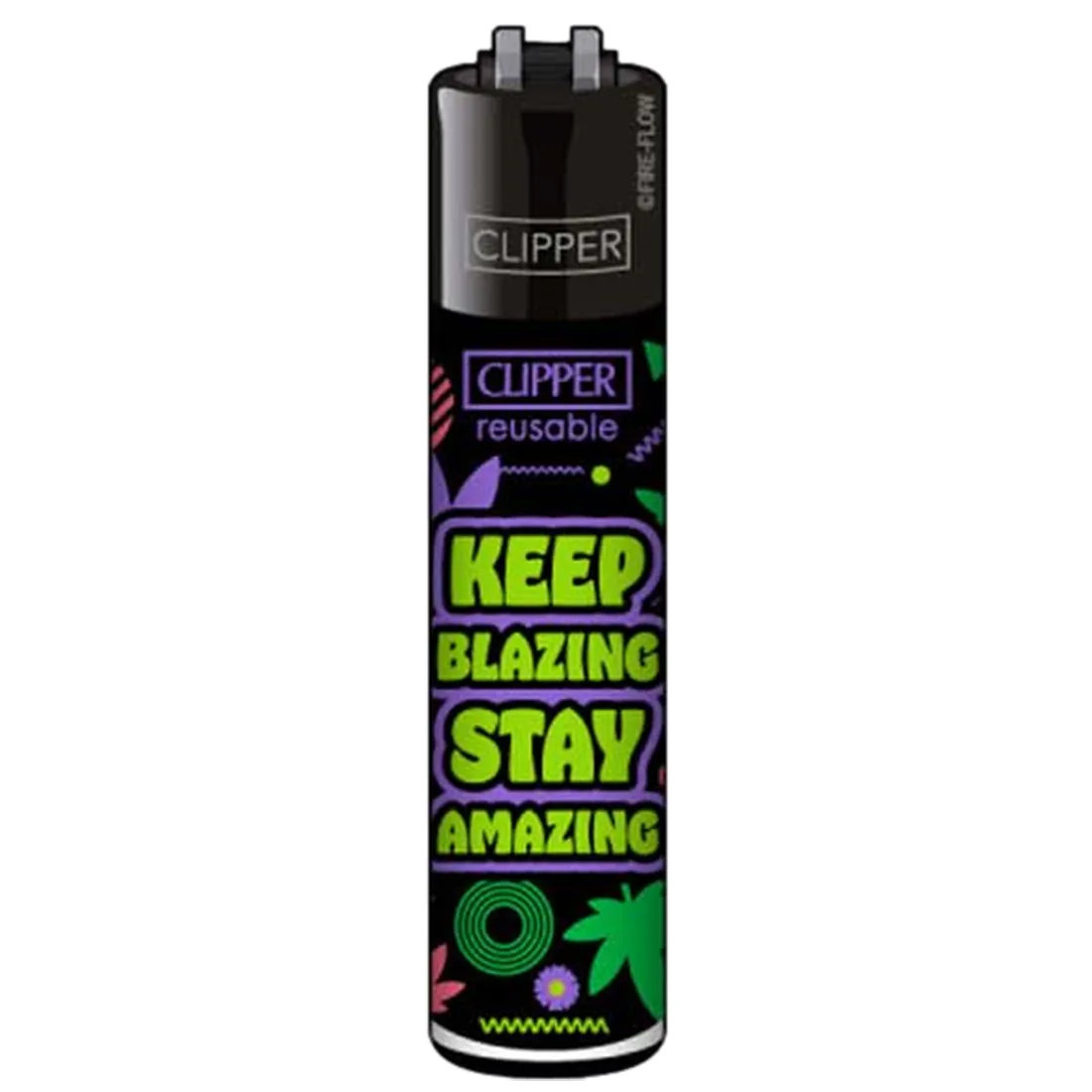 En lighter i metal med en glat, skinnende overflade prydet med en farverig grafik. Motivets tekst er trykt i store, letlæselige bogstaver, der fremhæver ordspillet "Keep Blazing Stay Amazing". Kanten er let afrundet, og der er en synlig piezoelektrisk gnisttænder. Lighterens bund har en lille, rund åbning og en let skridsikker tekstur.