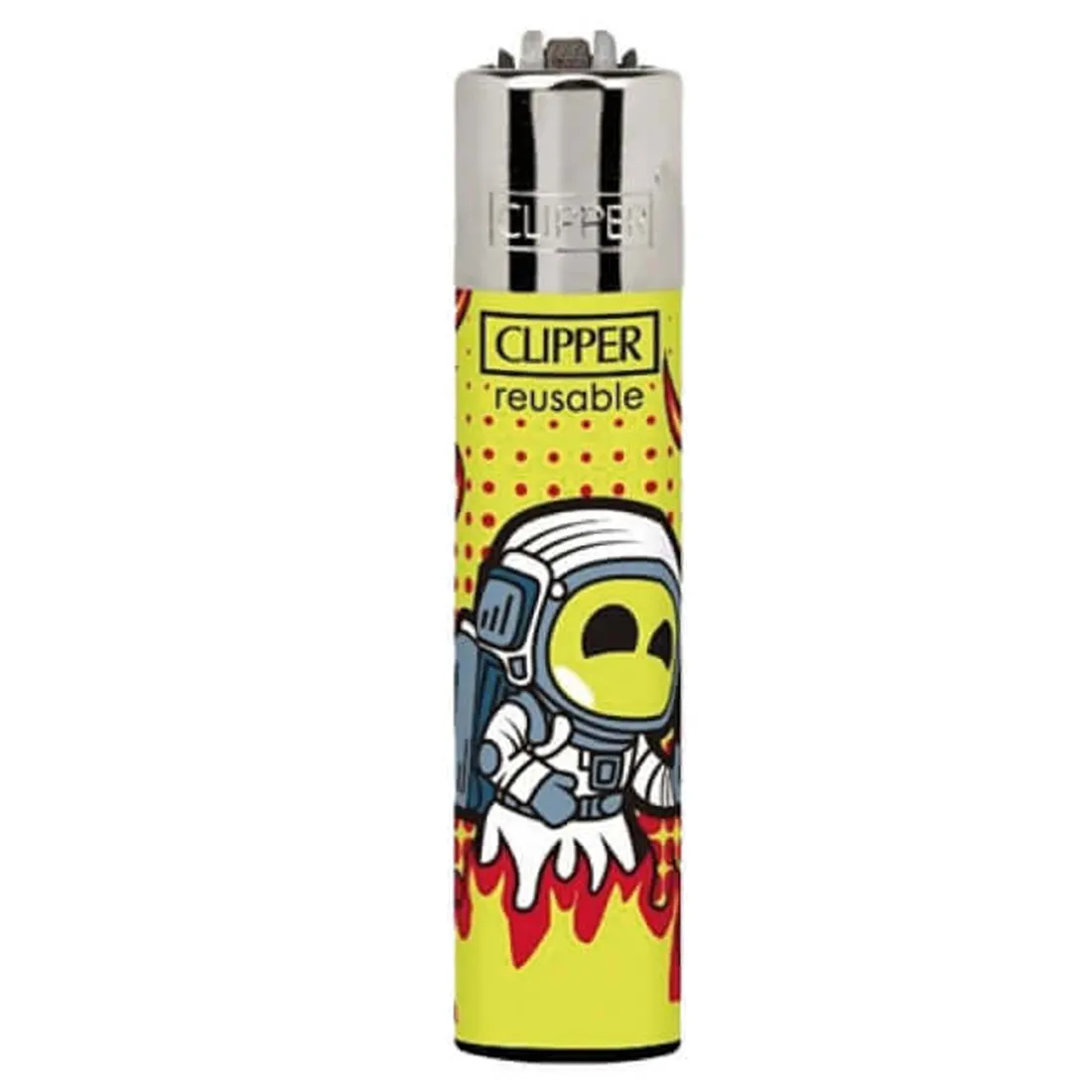 En lighter i plastik med en glat, mat overflade prydet med et detaljeret motiv af en smeltende astronaut. Farverne inkluderer nuancer af blå, hvid og sort, der skaber kontrast. Det grafiske design omfatter bølger og dråber, der ligner smeltende materiale. Lighterens form er rektangulær med afrundede kanter og en sølvfarvet metalknap til tænding.