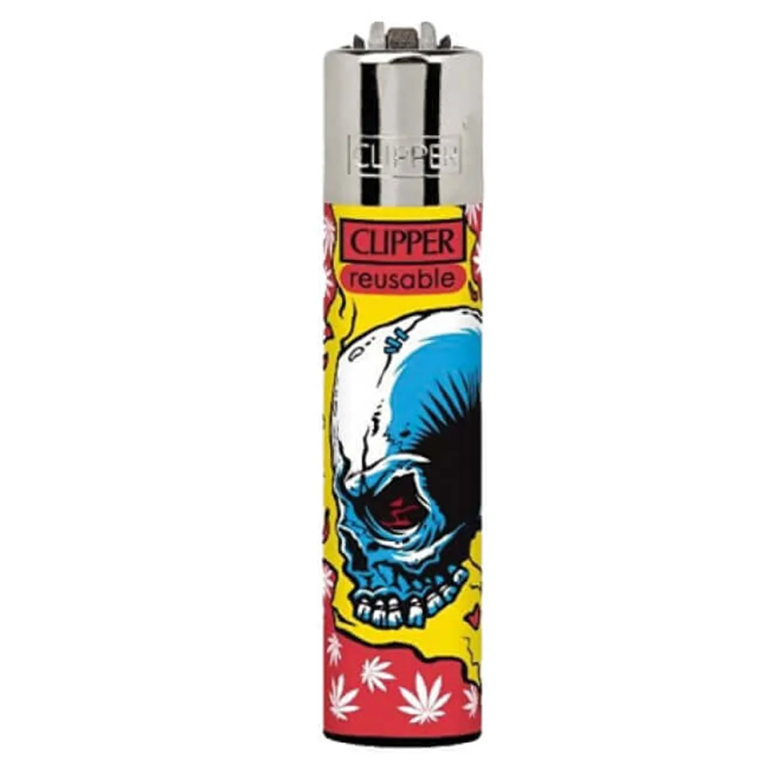 En lighter prydet med et detaljert skull-design, der er omkranset af blade. Farverne spænder fra dyb sort til metallic sølv, hvilket giver en kontrastfyldt effekt. Overfladen har en glat tekstur, mens mønsteret af skallen og bladene er indgraveret, hvilket tilføjer dybde og visuel interesse. Lighteren har en klassisk form med en rektangulær krop.