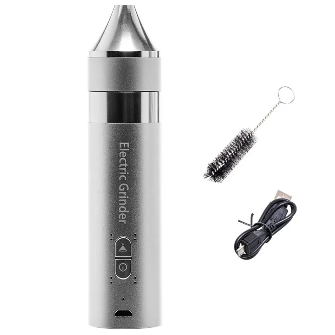 En elektrisk kværn præsenterer sig med en cylindrisk form og en mat, sort plastikoverflade. Det har en grå, metalagtig top med en synlig knap til betjening. Kværnen har et gennemsigtigt rum til opbevaring af kværnede materialer, hvilket afslører en grov, kornet tekstur. Der er små åbninger til ventilation og en robust bund for stabilitet.