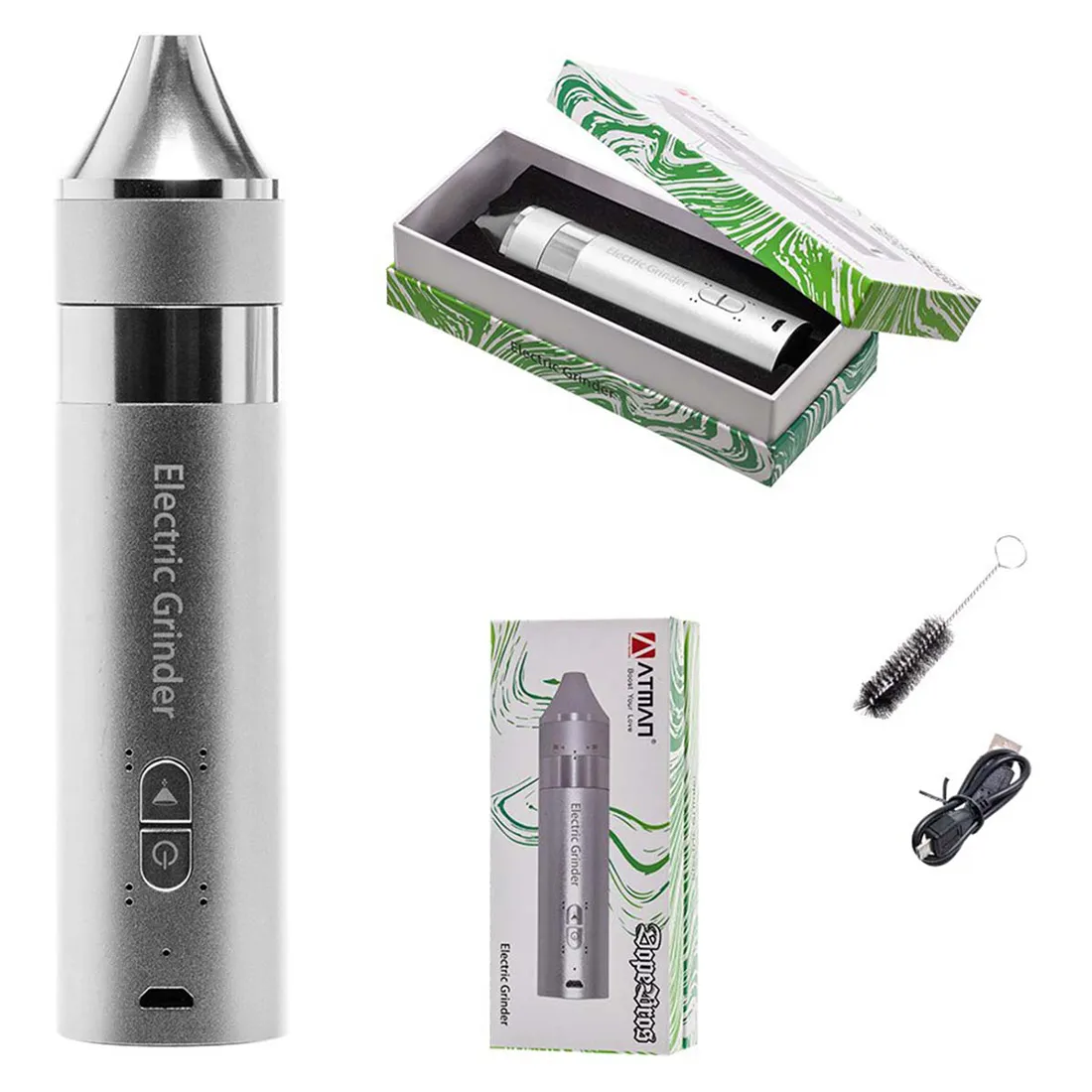 En elektrisk kværn med en blank, mørkegrå metaloverflade pryder toppen. Den har en cylindrisk form med en let skråning mod bunden. Knappen til betjening er placeret centralt, omgivet af en indviklet tekstur. Låget er gennemsigtigt, hvilket giver mulighed for at se indholdet, mens bunden har en mindre åbning til udledning af det malede materiale.