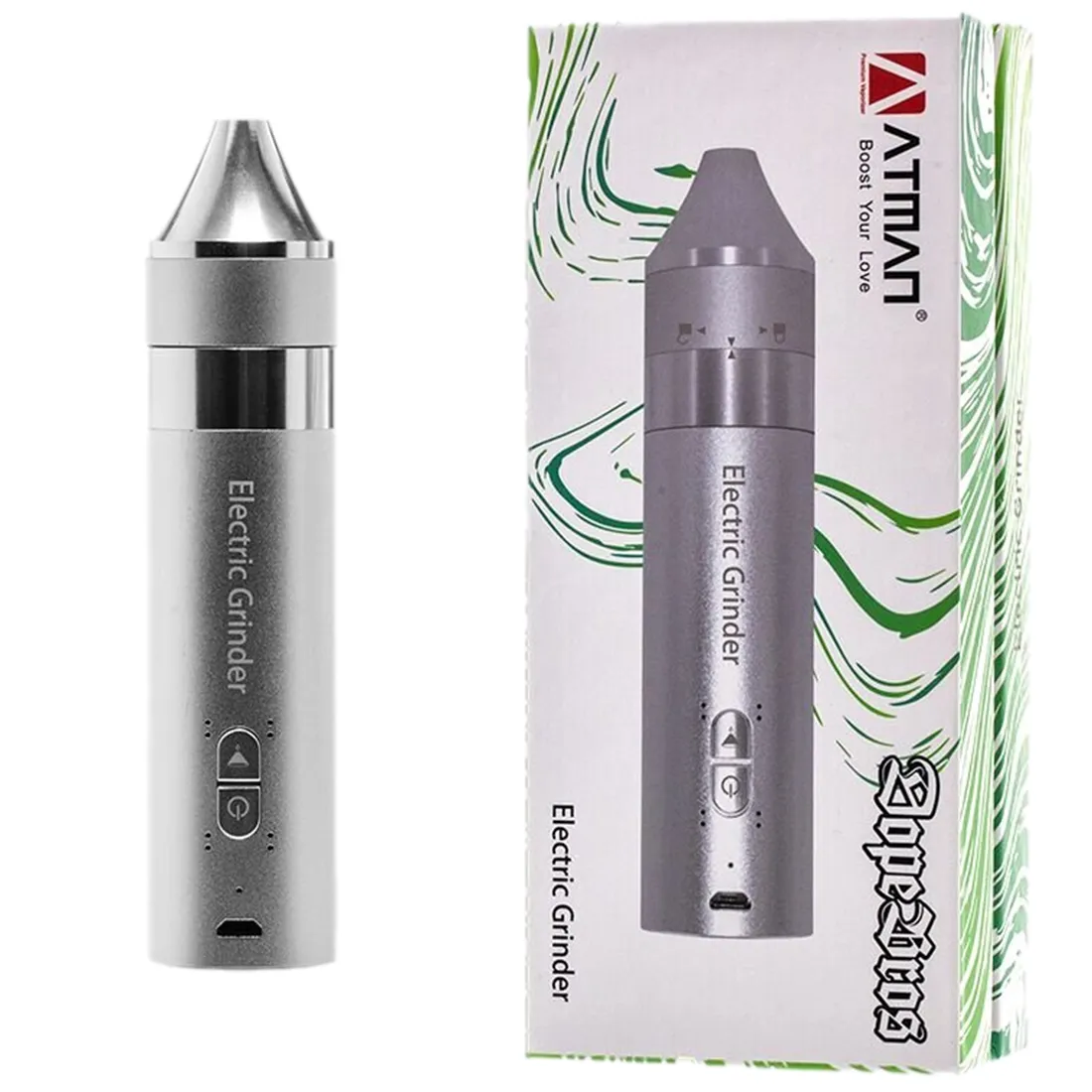 En elektrisk kværn præsenterer sig med en slank, cylindrisk form i en mat sort finish. Overfladen viser en glat tekstur, mens knapperne er placeret på forsiden med tydelige symboler for funktioner. Det gennemsigtige låg afslører det indre kammer med en raffineret, metalgrå farve. Kværnen har en kompakt størrelse og en moderne, minimalistisk stil.