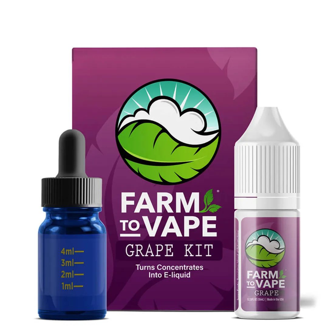 En transparent flaske indeholder en dyb lilla væske med en let glinsende overflade. Flasken har en sort, skruehætte med indbygget pipette. Etiket i lyse farver pryder flaskens front, med grafiske elementer og tekst, der angiver produktets navn og indhold. Flasken står på en neutral overflade, som fremhæver farverne.