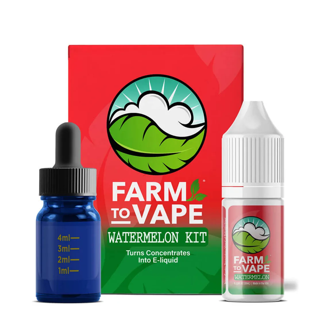 En transparent flaske med en rund form indeholder en klar, lyserød væske. Flaskens etiket prydes af en farverig illustration af vandmeloner, der dominerer med grønne og røde nuancer. Teksten er trykt i hvid og grøn, med tydelige bogstaver. Korkproppen er sort, og flasken har en pipette, der gør det nemt at dosere væsken.