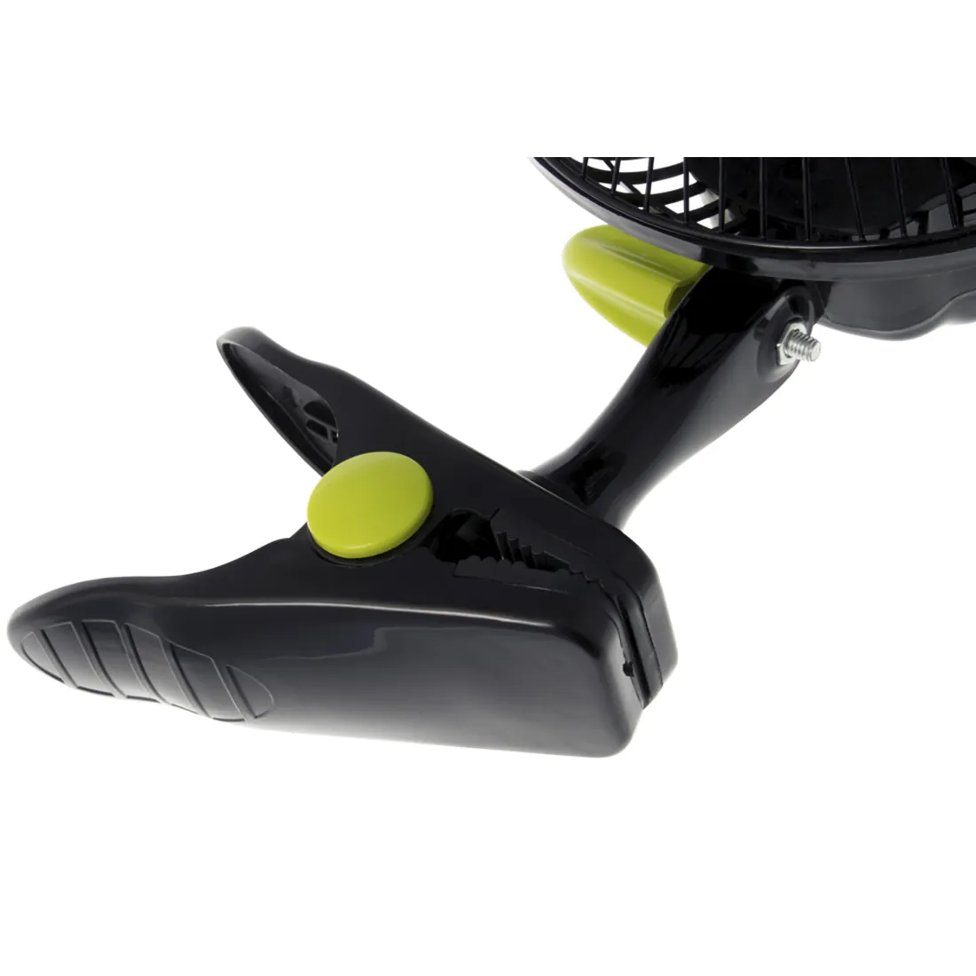 Nærbillede af Garden High Pro - Clip On ProFan i sort med grønne accenter, der viser dens teksturerede klemmemekanisme designet til nem fastgørelse til forskellige overflader.