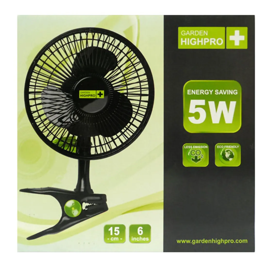 Billede af Garden High Pro - Clip On ProFan i emballagen, med et slankt sort design med en energibesparende "5W"-mærke, der understreger dens "Less Emission" og "Eco Friendly" egenskaber.