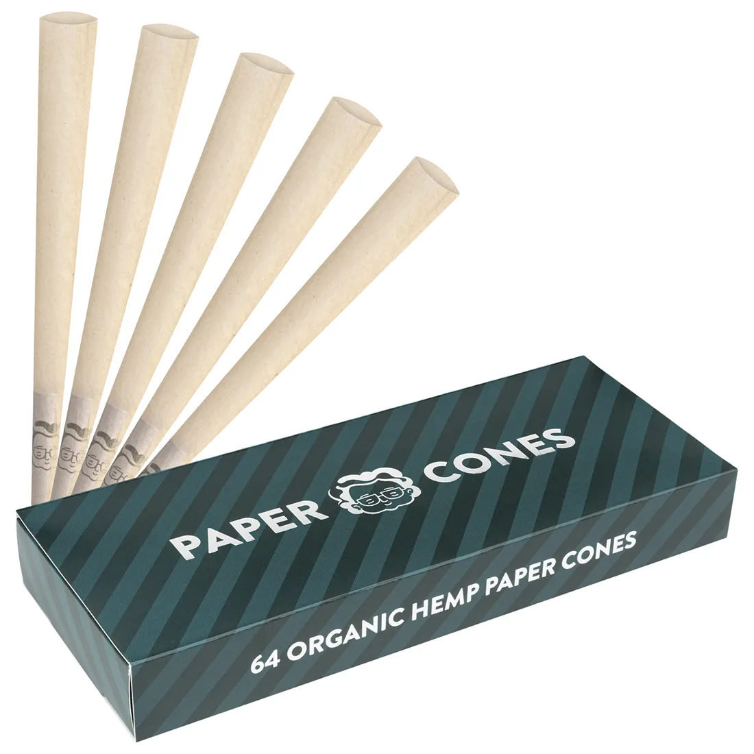 Granny's Weed hamp papircones præsenteres i en pakke med 64 stk. Cones har en naturlig, letbrun farve med en glat overflade. Hver cone er formet til en kegle med en bred åbning i den ene ende og en smalere i den anden. Teksten på pakken er sort med en enkel skrifttype, der angiver produktnavnet og mængden.