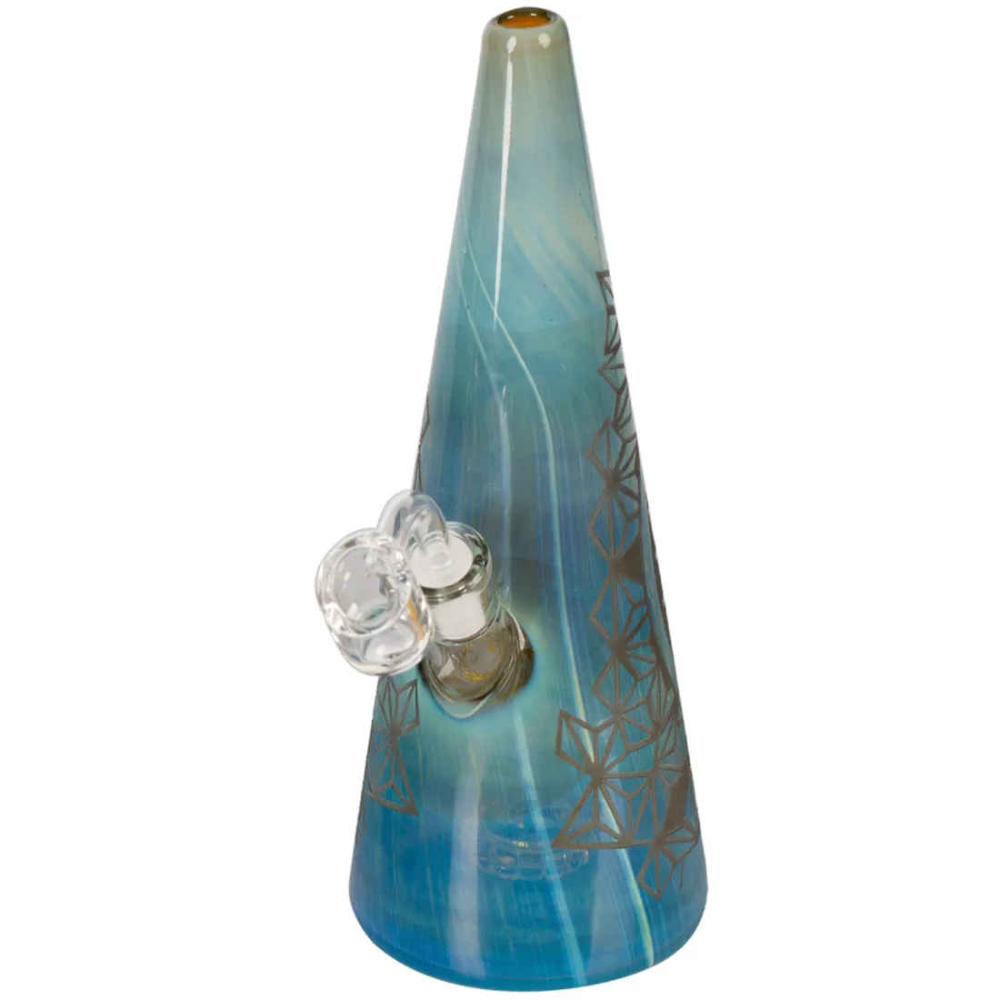 En 24 cm høj bong med en glitrende overflade, der reflekterer lys i forskellige nuancer af guld og sølv. Den har en konisk form med en bred base, der smalner mod toppen. Et klart, gennemsigtigt rør løber fra toppen til en skål i bunden, som har et mønster af små bobler. Detaljer som kantede kanter og en solid fod fremhæver designet.