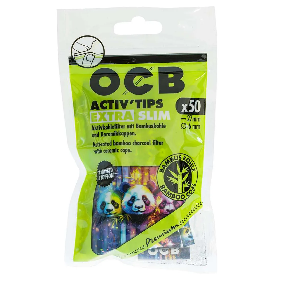 OCB Bamboo White aktiv tips præsenterer en pakke indeholdende 50 stykker. Hver tip har en glat, hvid overflade med en let gennemsigtig struktur. Kanten er skarp, og tipsene er ekstra slim, hvilket giver et slankt udseende. Pakken er designet med en praktisk åbning og bærer tydelig tekst, der angiver produktets navn og antal.