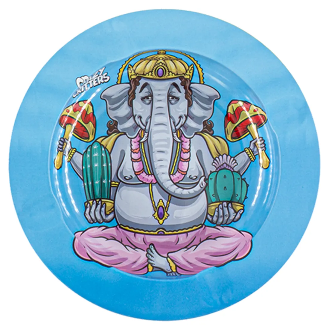 En elefantformet askebæger i gråligt keramik præsenterer en glat overflade med let strukturerede detaljer, der fremhæver dyrets krop. Ørerne er bredde og let hængende, mens øjnene er små og sorte. Snablen strækker sig fremad, og bunden er flad for stabilitet. Den matte finish kontrasterer med subtile glansfulde områder, der tilføjer dybde og tekstur.