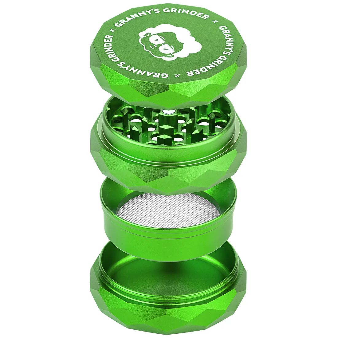 Grinderen har en rund form med en glat, grøn overflade og en diameter på 55 mm. Den er fremstillet af metal, hvilket giver en blank, reflekterende finish. Øverste del prydes af et hexagonalt mønster, mens den nederste del har små, skarpe tænder til at male. Der er en skridsikker kant for bedre greb under brug.