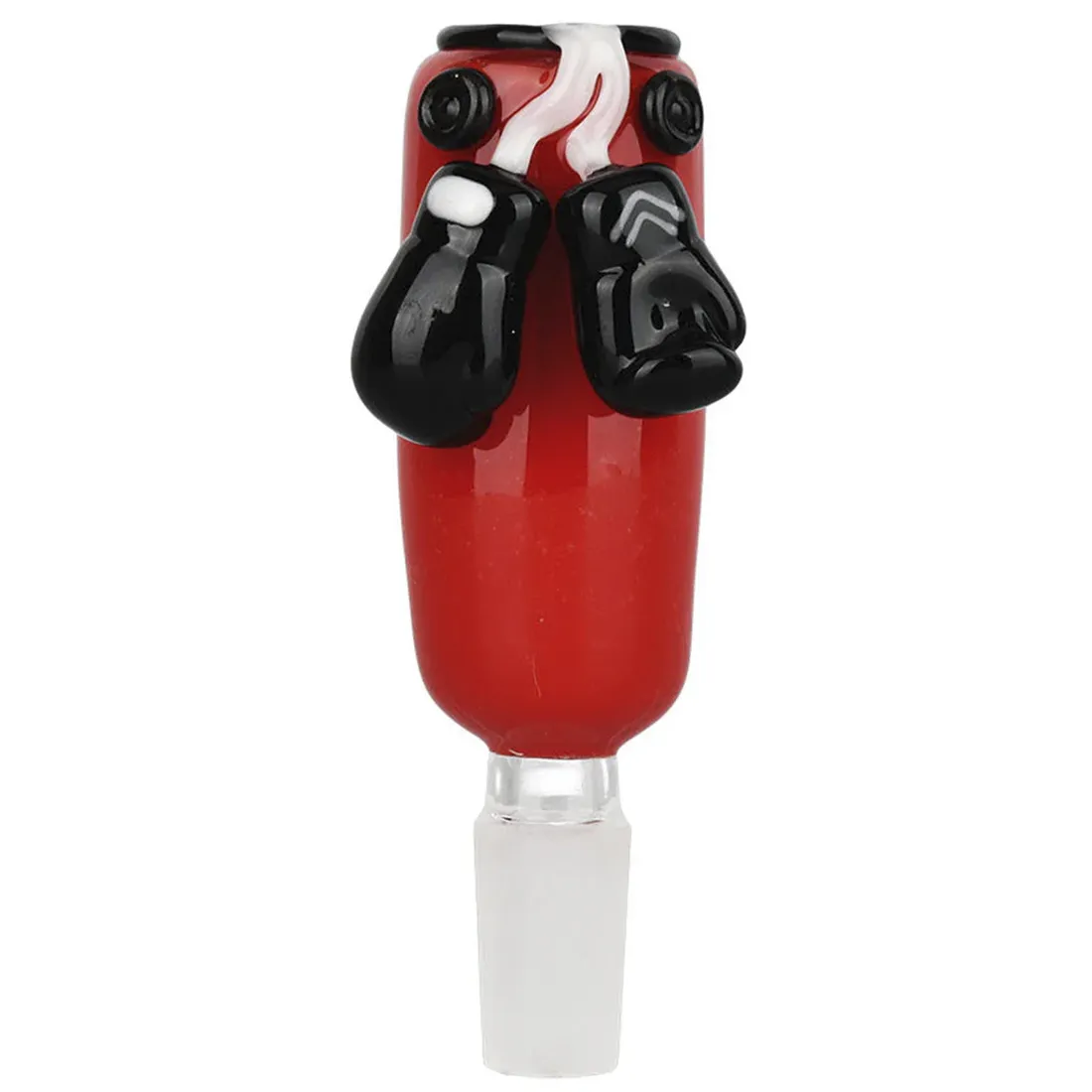 En rød, oval sandsæk hænger fra en robust kæde, der er fastgjort til en solid metalring. Sækken har en glat, skinnende overflade med en let struktureret tekstur. Kanten er forstærket med en sort syning, der giver ekstra holdbarhed. Den røde farve kontrasterer med de sorte detaljer, hvilket skaber et iøjnefaldende udseende.