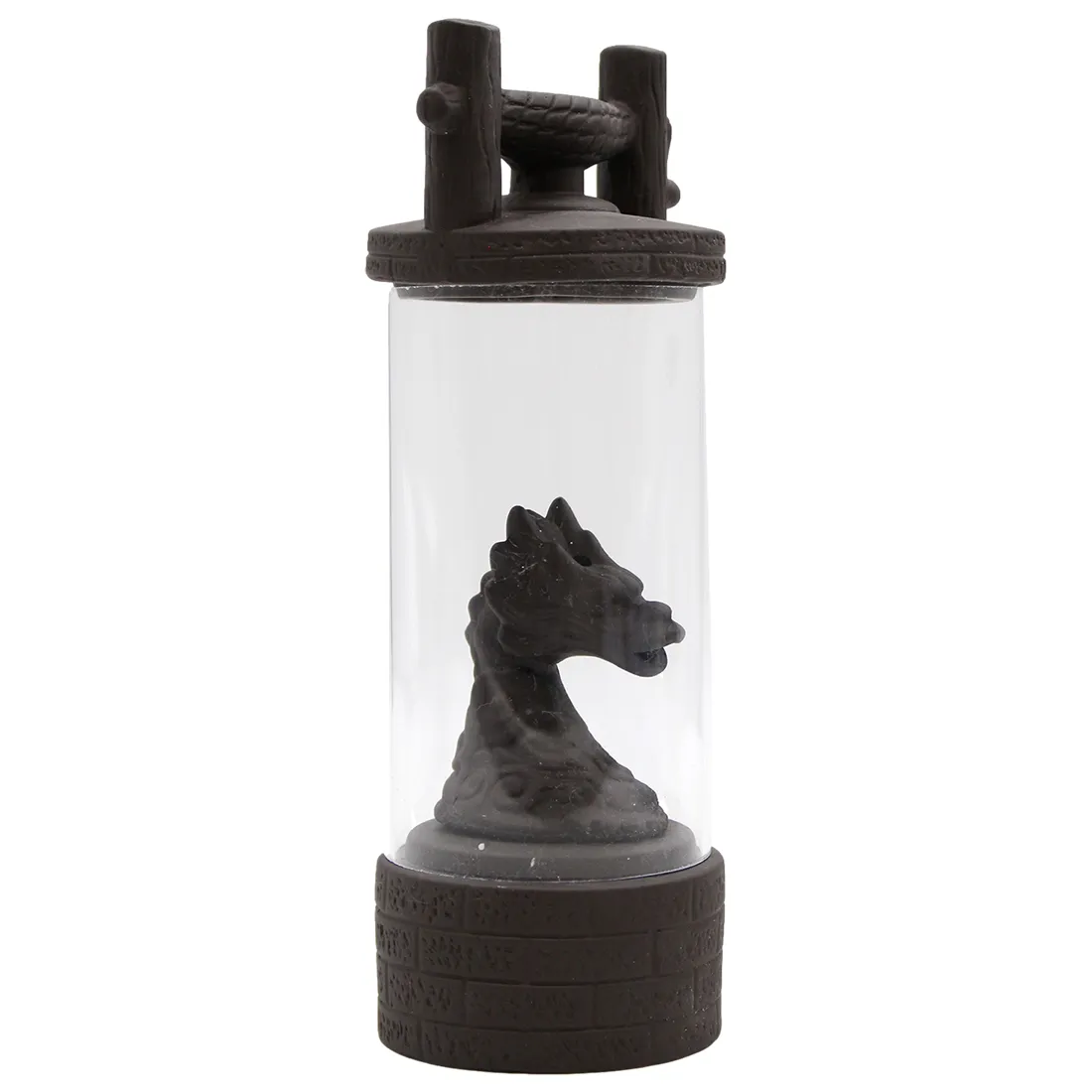 En rygstrømsbrænder i form af en drage, der sidder på en klippe ved en vandfaldslignende struktur. Dragens overflade er detaljeret med skællede teksturer i nuancer af grøn og blå, mens vandfaldene strækker sig nedad med glatte, gennemsigtige linjer. Omkring er der små, farverige elementer, der simulerer naturen, hvilket skaber en harmonisk komposition.