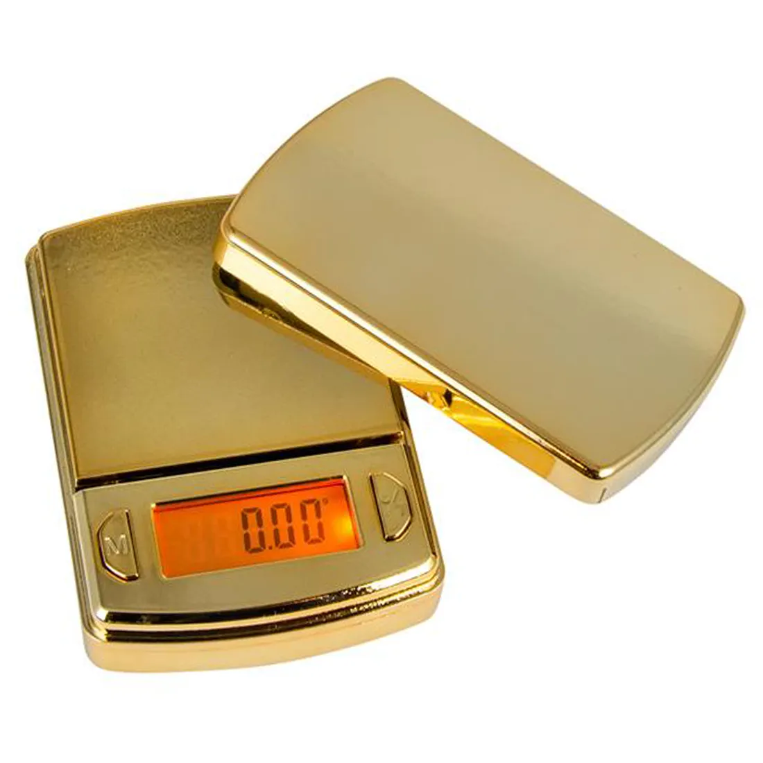 En firkantet emballage i guldfarvet folie præsenterer et produkt med en glat, skinnende overflade. Forsiden har en elegant sort tekst med produktnavnet og vægt angivet i hvidt. I hjørnet er et lille logo i sort, der fremhæver mærket. Baggrunden er enkelt designet, hvilket fremhæver de visuelle elementer og giver en luksuriøs fremtoning.