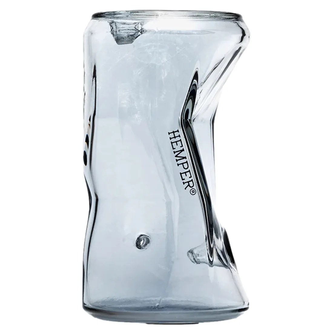 En rørformet enhed i metal med en mat, rustik overflade præsenterer sig i en grålig farve. Den har en let buet form og en flad bund, hvilket giver stabilitet. Øverst findes en lille åbning, der er forsynet med en skruelåg, der har en ribbet tekstur for nem håndtering. Den samlede struktur er enkel og funktionel.