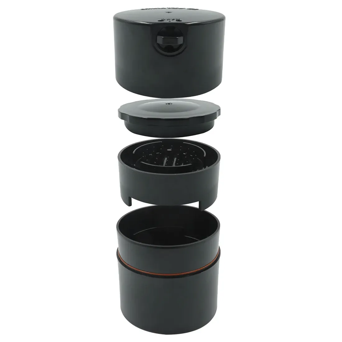 En cylindrisk beholder med en kapacitet på 290 ml, fremstillet af transparent plast. Den har en mat overflade med en glat struktur og en skruehætte i sort farve. Hætten prydes af et stempeltryk, der angiver producentens navn. Beholderens formål er til opbevaring, hvilket fremgår af dens tætsluttende design, der sikrer holdbarhed.