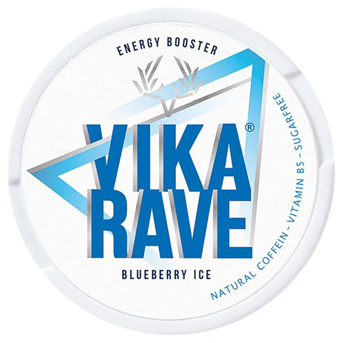 En pakke med koffeinposer præsenteres i en rektangulær form med en glat overflade. Farven er en dyb blå, dekoreret med grafiske elementer i hvidt og gult, der skaber kontrast. På forsiden findes tekst i en moderne skrifttype, der angiver produktets navn. Posen har en mat finish, mens kanten er glansfuld, hvilket giver en interessant teksturvariation.