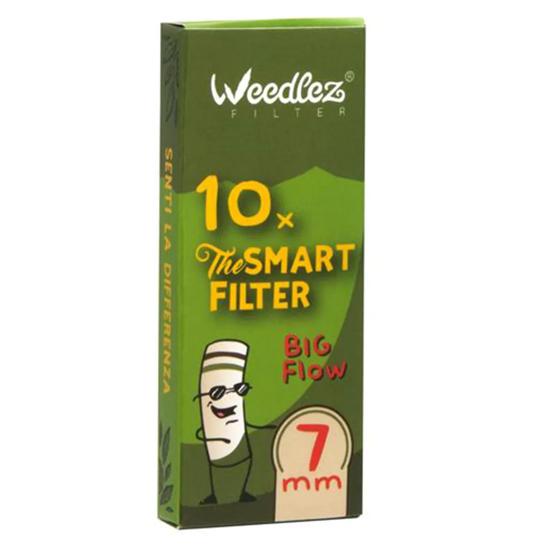 Syv millimeter tykke, klassiske joints præsenteres i en pakke med ti stykker. Hver joint er rullet med en glat, hvid papirtekstur, der har et subtilt, let gennemsigtigt udseende. Den nederste del af hver joint er afsluttet med en lille, brun filter, der giver en kontrast til det lyse papir. Pakken er designet med en simpel, minimalistisk grafik.